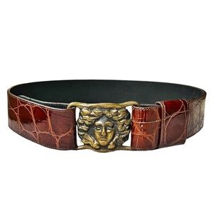 RARE Catherine Carson Bronze Medusa Buckle Brown Crocodile Belt, 33”